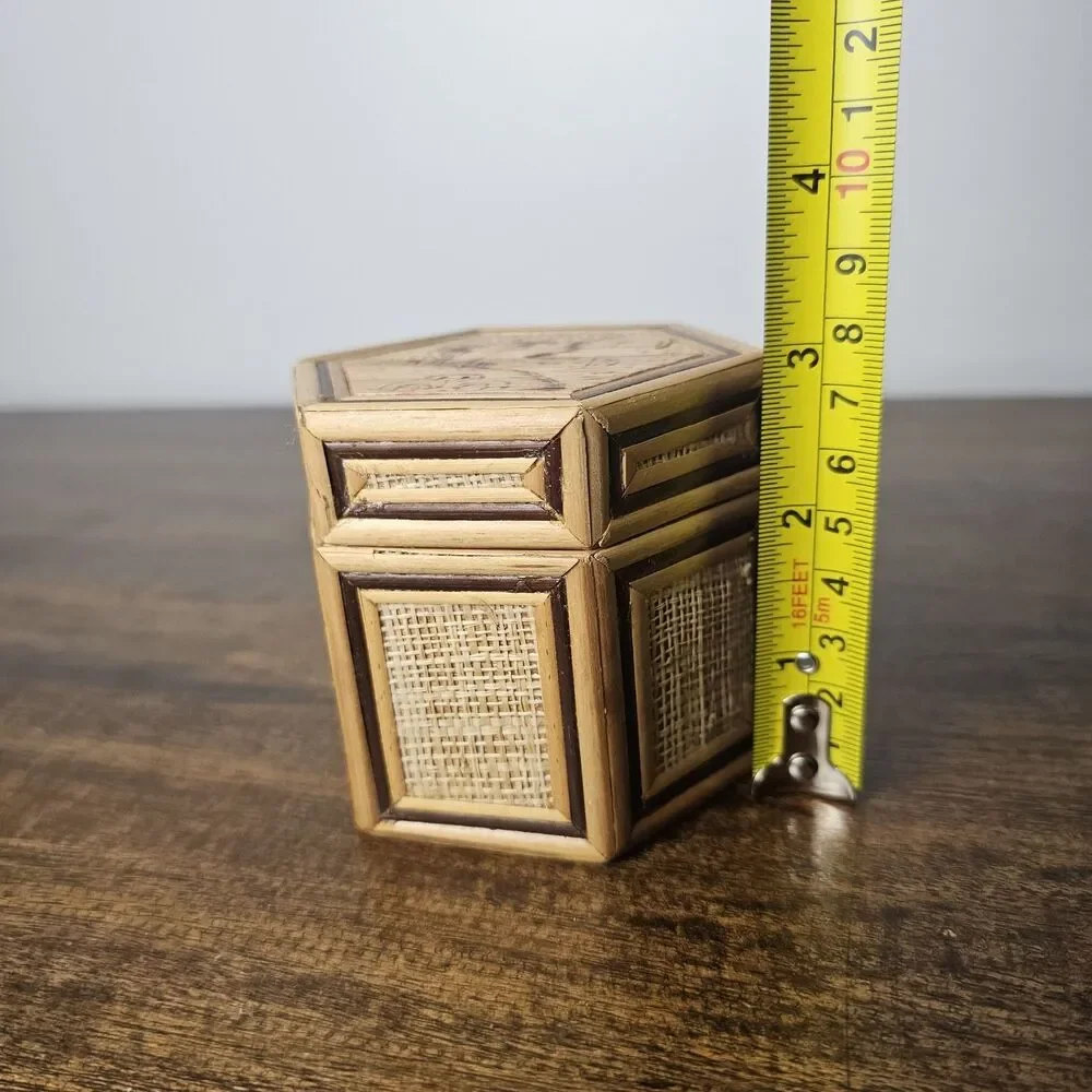 Small Vintage Woven Bamboo Hexagon Box Pyrography Red Velvet